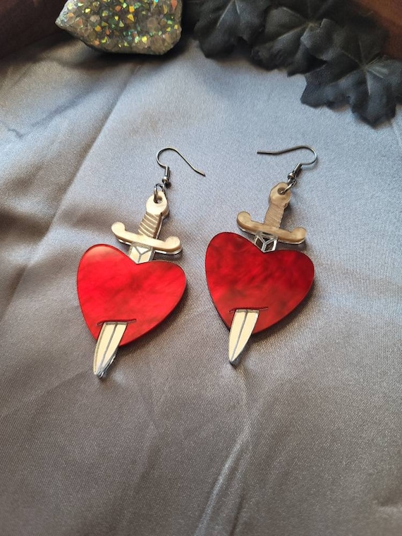 Red Heart And Dagger Acrylic Earrings valentines day gift for her laser cut earrings witchy earrings traditional tattoo earrings