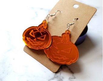 Amber Orange Mirror Jack-O-Lantern Laser Cut Earrings, halloween dangle earrings, spooky pumpkin earrings, handmade jewelry