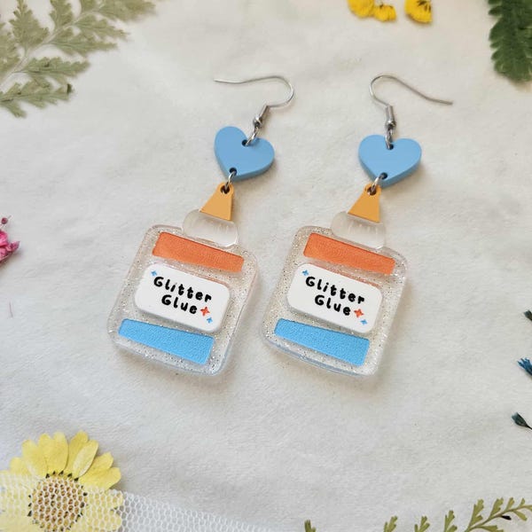 Glitter Glue acrylic earrings, back to school jewelry, librarian gifts, bookish earrings, gifts for teacher