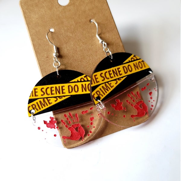 Crime Scene Laser Cut Dangle Earrings - wood and acrylic halloween earrings, spooky, handprint, true crime, horror jewelry