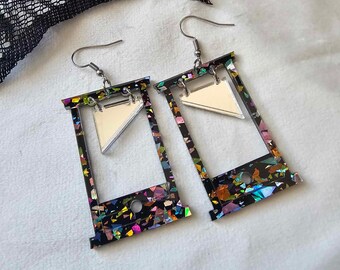 Black Crystal Flake Guillotines Acrylic Earrings, laser cut earrings, halloween earrings