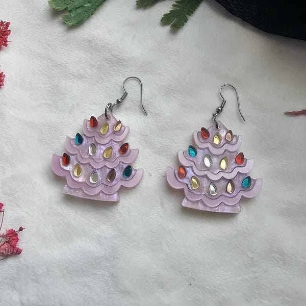 Pink Ceramic Christmas Trees Acrylic Earrings, nostalgic christmas earrings, holiday handmade jewelry