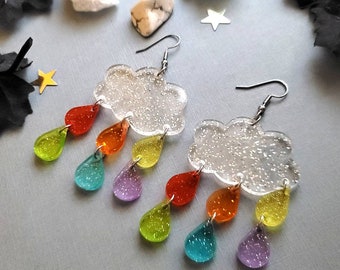 Rainbow Rain Cloud Acrylic Dangle Earrings, statement drop earrings, springtime jewelry