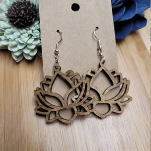 Wooden Lotus Flower Laser Cut Earrings, gifts for her, cute unique earrings, namaste