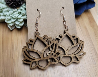 Wooden Lotus Flower Laser Cut Earrings, gifts for her, cute unique earrings, namaste