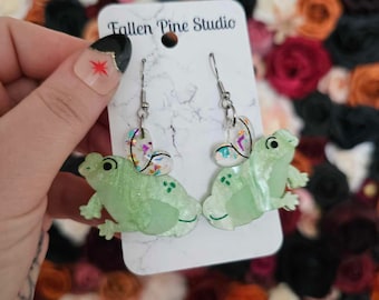 Fairy Frogs Acrylic Earrings, laser cut earrings, cottagecore earrings