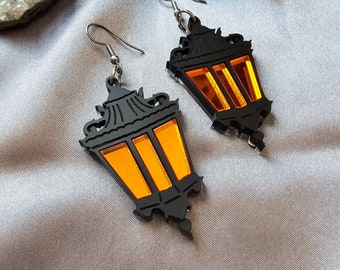 Gothic Lanterns Laser Cut Acrylic Earrings, halloween earrings, spooky jewelry, bat dangle earrings
