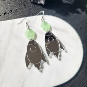 Silver Mirror Rocketship Alien Acrylic Earrings Dangle, outer space earrings, weird earrings for best friend, fun dangle earrings image 2