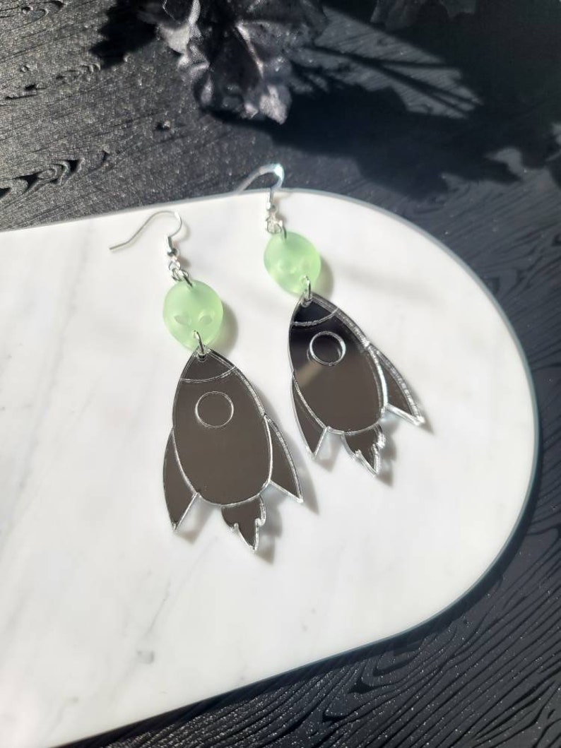 Silver Mirror Rocketship Alien Acrylic Earrings Dangle, outer space earrings, weird earrings for best friend, fun dangle earrings image 2