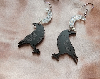 Raven and Moon Acrylic Dangle Earrings