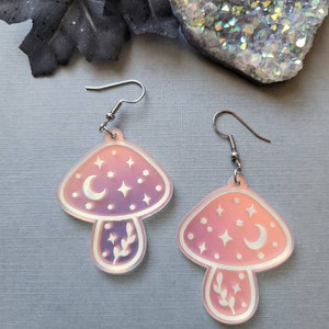 Frosted Iridescent Mushroom Dangle Earrings, starry mushroom earrings, cottagecore jewelry