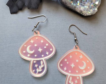 Frosted Iridescent Mushroom Dangle Earrings, starry mushroom earrings, cottagecore jewelry