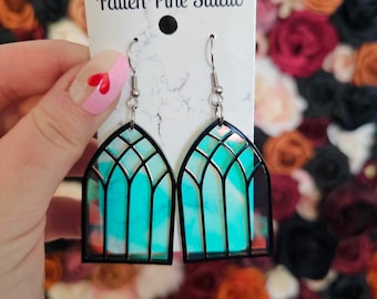 Iridescent Gothic Cathedral Windows Acrylic Earrings, laser cut earrings