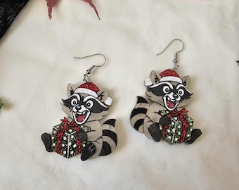 Feral Raccoon with Christmas Present Acrylic Earrings, nostalgic christmas earrings, holiday handmade jewelry