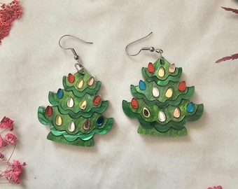 Green Ceramic Christmas Trees Acrylic Earrings, nostalgic christmas earrings, holiday handmade jewelry