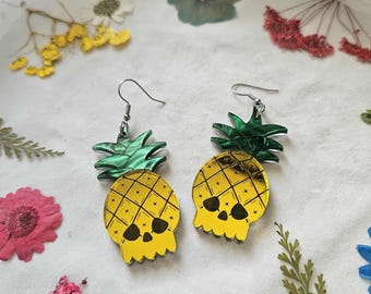 Pineapple Mirror Skulls laser cut acrylic earrings, gothic summer earrings, summerween jewelry