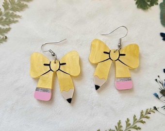 Pencil Bow acrylic earrings, back to school jewelry, librarian gifts, bookish earrings, gifts for teacher