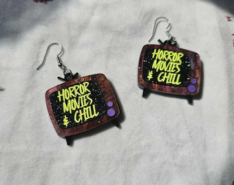 Horror Movies and Chill Acrylic Earrings, retro halloween earrings, spooky jewelry, gothic dangle earrings
