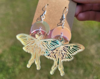 Iridescent Luna Moth and Moon Dangle Earrings - choose your moon color - bug - Halloween - aesthetic dangle earrings - handmade jewelry