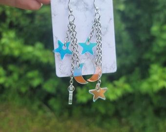 Iridescent Moon and Stars Chain Dangle Acrylic Earrings