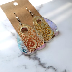 Iridescent Ouija Planchette Earrings, READ DESCRIPTION, halloween earrings, spooky earrings, handmade dangle earrings image 3