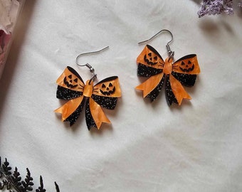 Pumpkin Coquette Bows Acrylic Earrings, halloween earrings, spooky jewelry, gothic dangle earrings