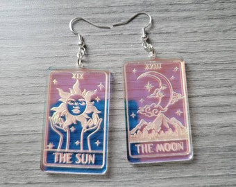 Iridescent The Sun and The Moon Tarot Card Acrylic Earrings, gifts for her, witchy earrings