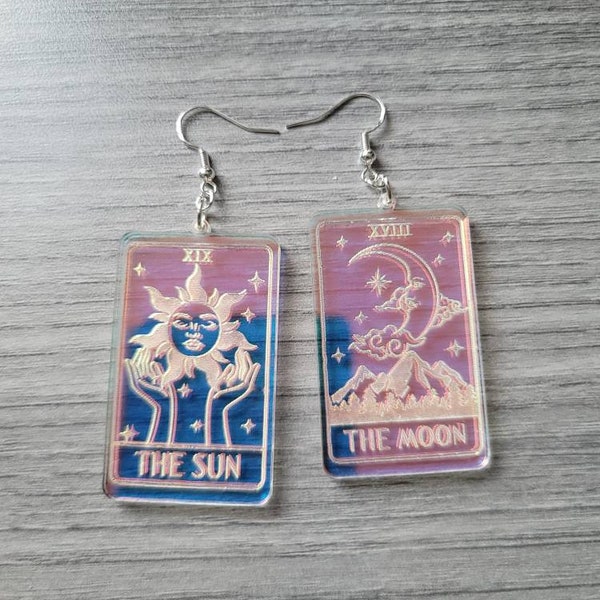 Iridescent The Sun and The Moon Tarot Card Acrylic Earrings, gifts for her, witchy earrings