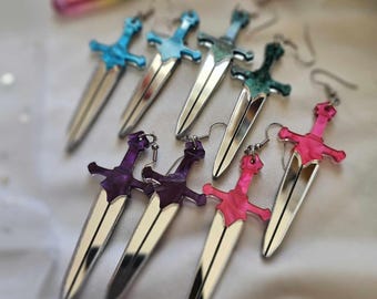 Marbled Handle Swords Acrylic Earrings, laser cut earrings