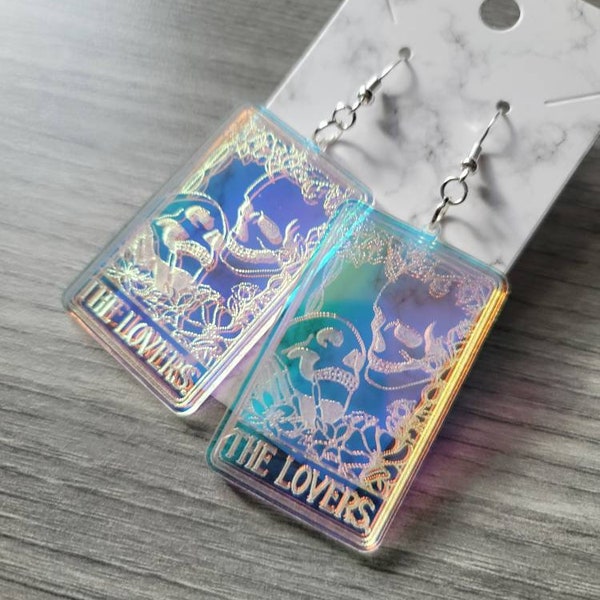 Iridescent The Lovers Tarot Card Acrylic Earrings, READ DESCRIPTION!, laser cut earrings, witchy dangle earrings