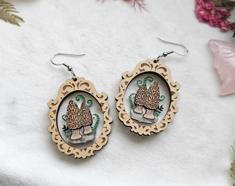 Framed Morel laser cut acrylic earrings, cottagecore earrings, spring fairy jewelry
