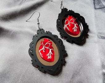 Gothic Framed Hearts Laser Cut Acrylic Earrings, halloween earrings, spooky jewelry, gothic dangle earrings