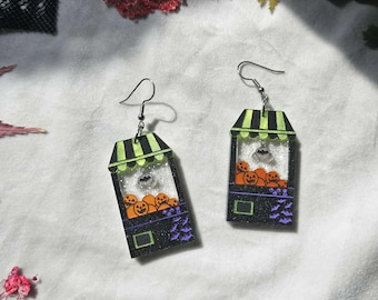 Spooky Claw Machine Acrylic Earrings, halloween pumpkin earrings, spooky jewelry, gothic dangle earrings