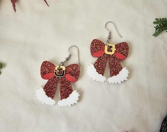 Red Glitter Santa Bows Acrylic Earrings, nostalgic christmas earrings, holiday handmade jewelry