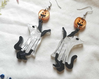 Sheet Ghost Cats Acrylic Earrings, halloween earrings, spooky jewelry, gothic dangle earrings