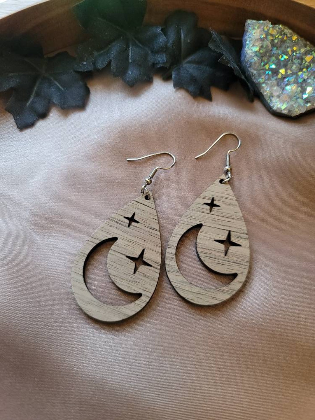 Wooden Moon and Stars Teardrop Earrings, Dangle, Drop Earrings, Cute
