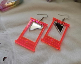 Neon Fluorescent Pink Guillotines Acrylic Earrings, laser cut earrings