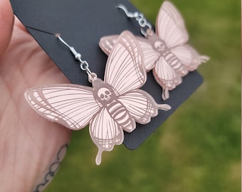Rose Gold Deathhead Moth laser engraved earrings, bug earrings, insect earrings, laser cut earrings, gothic earrings - handmade jewelry