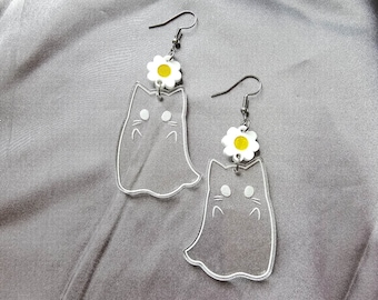Daisy Kitten Ghost Acrylic Earrings, gifts for her, spring earrings, witchy jewelry