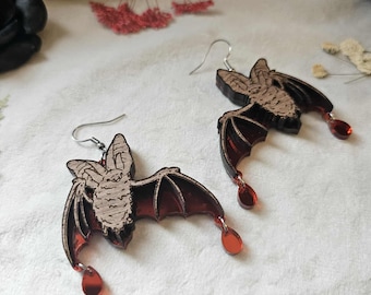 Red Mirror Flying Bats laser cut acrylic earrings, gothic summer earrings, halloween jewelry