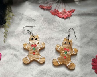 Gingerbread Kitten Acrylic Earrings, nostalgic christmas earrings, holiday handmade jewelry