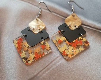 Golden Fall Leaves Acrylic Dangles, halloween earrings, spooky dangle earrings, handmade witchy jewelry