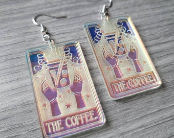 Iridescent The Coffee Tarot Cards Acrylic Earrings, witchy earrings, gifts for her