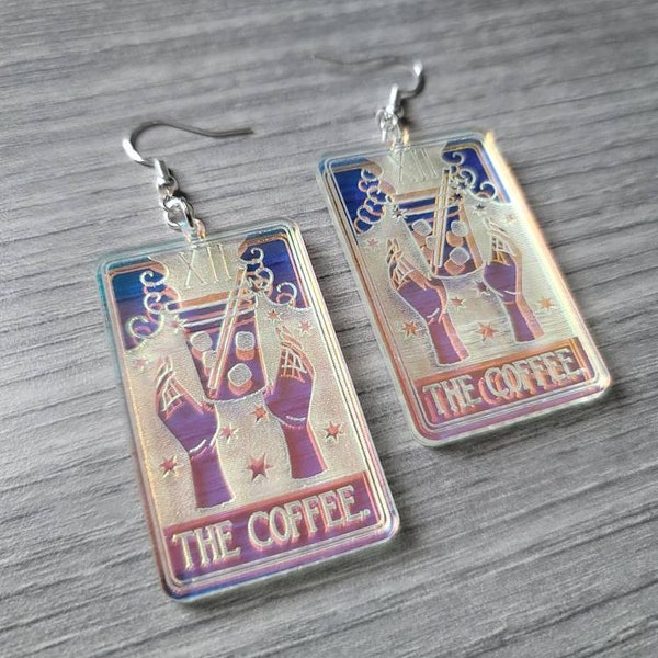 Iridescent The Coffee Tarot Cards Acrylic Earrings, witchy earrings, gifts for her