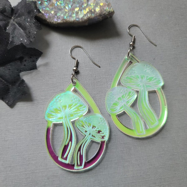 Iridescent Mushroom Teardrop Acrylic Earrings, cottagecore dangle earrings