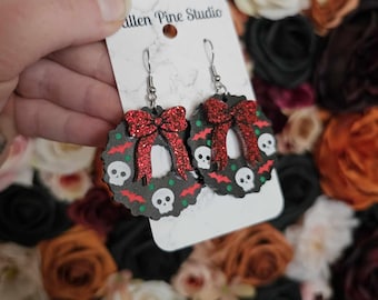 Spooky Holiday Wreath Acrylic Earrings, spooky christmas earrings, holiday handmade jewelry
