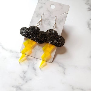 Black Glitter Storm Cloud Earrings - weather dangle earrings - lightning - statement jewelry - handmade gifts - unique earrings