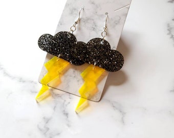 Black Glitter Storm Cloud Earrings - weather dangle earrings - lightning - statement jewelry - handmade gifts - unique earrings