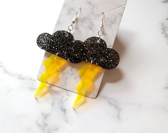 Black Glitter Storm Cloud Earrings - weather dangle earrings - lightning - statement jewelry - handmade gifts - unique earrings