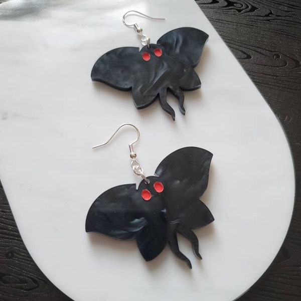 Black Marble Mothman Acrylic Earrings Dangle, cryptid earrings, alternative earrings